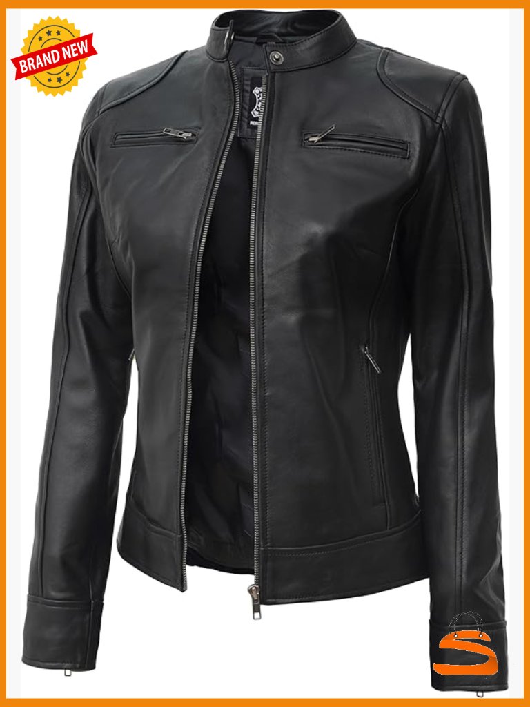 Real Lambskin Leather Jacket - Cafe Racer Snap-Tab Collar